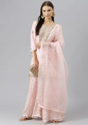 Women Pink Yoke Design Zardozi Chanderi Silk Kurta with Sharara & With Dupatta