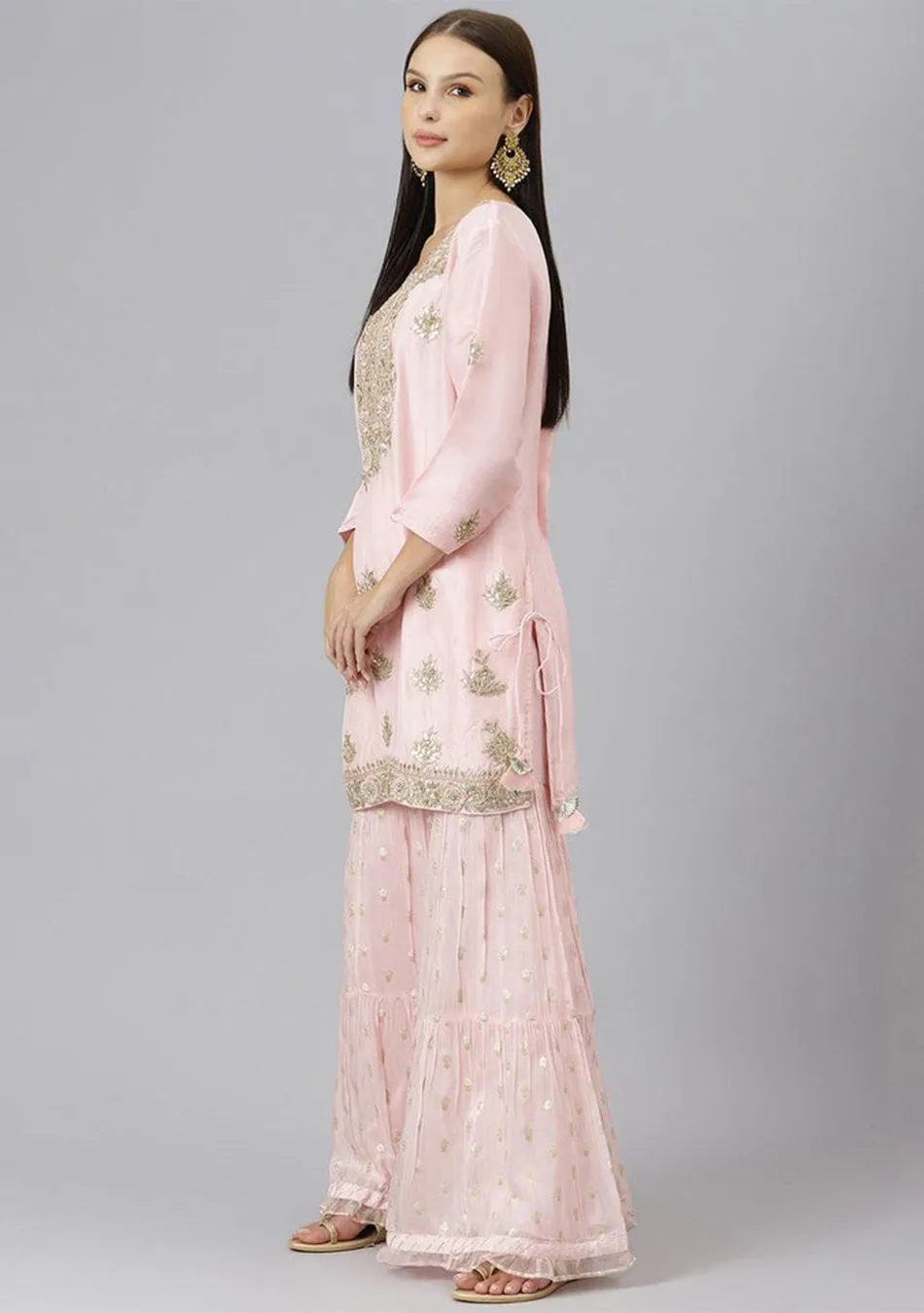 Women Pink Yoke Design Zardozi Chanderi Silk Kurta with Sharara & With Dupatta