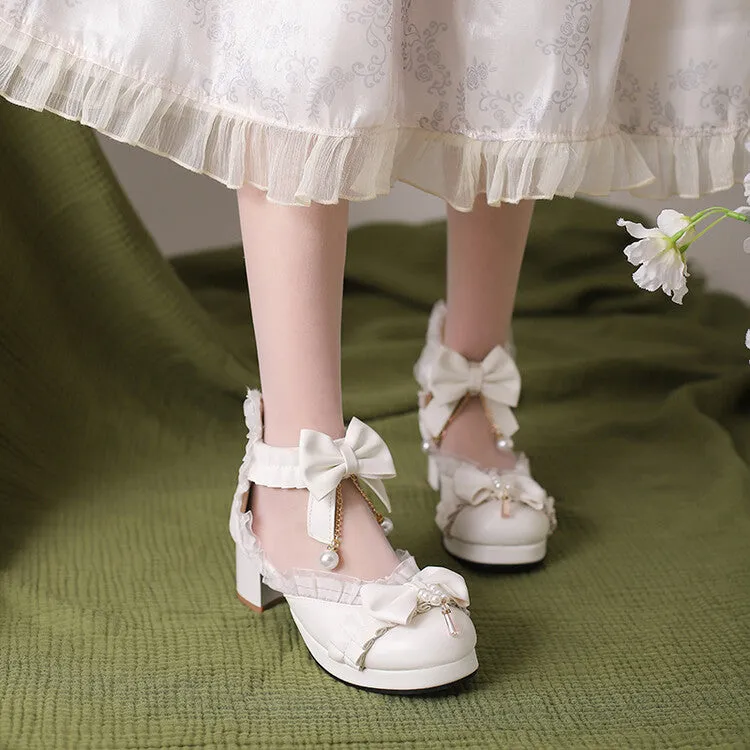 Women's Lolita  Pearls Lace Bow Tie Block Heel Sandals