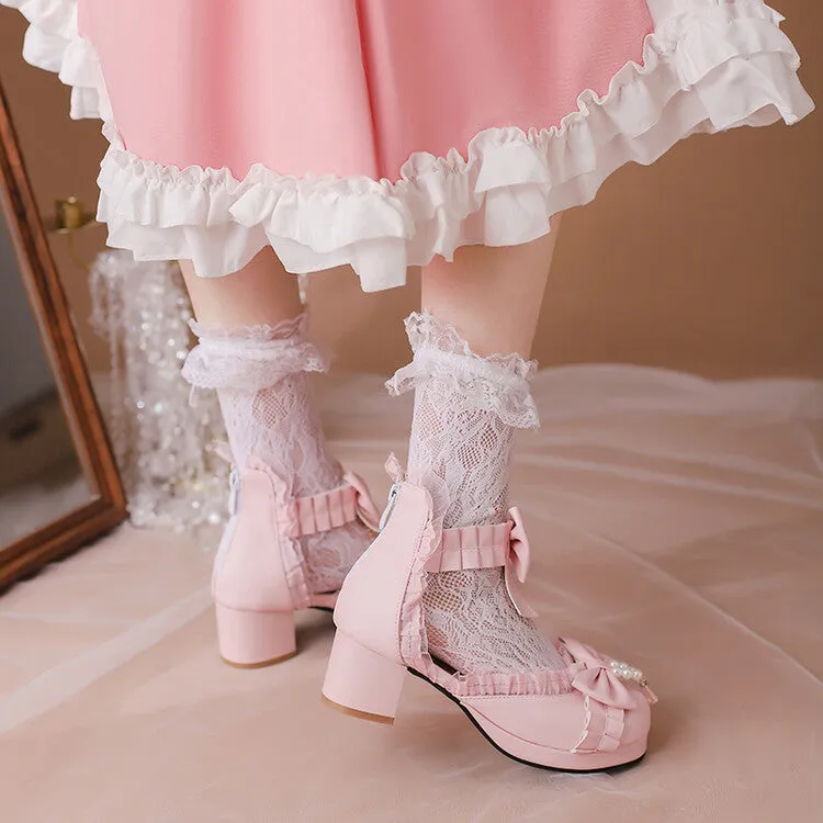 Women's Lolita  Pearls Lace Bow Tie Block Heel Sandals