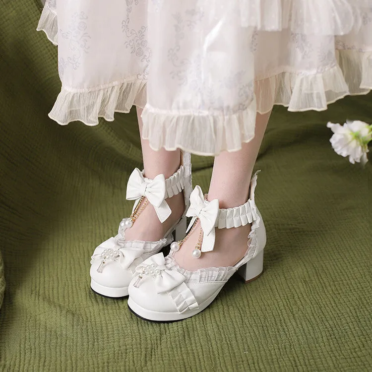 Women's Lolita  Pearls Lace Bow Tie Block Heel Sandals