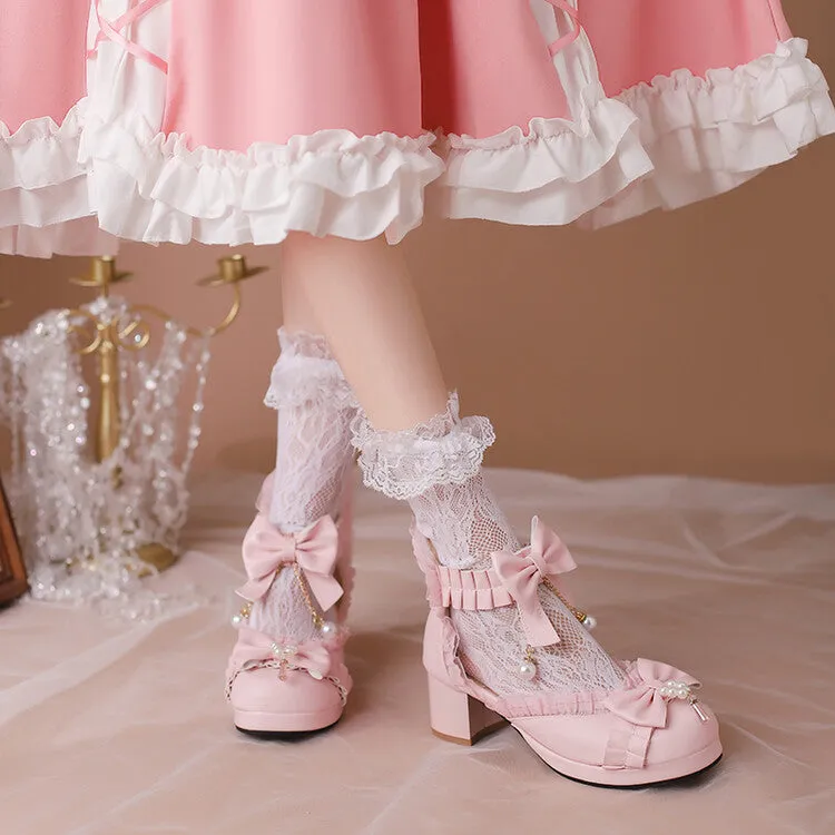 Women's Lolita  Pearls Lace Bow Tie Block Heel Sandals
