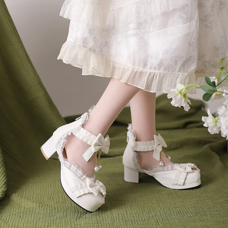 Women's Lolita  Pearls Lace Bow Tie Block Heel Sandals