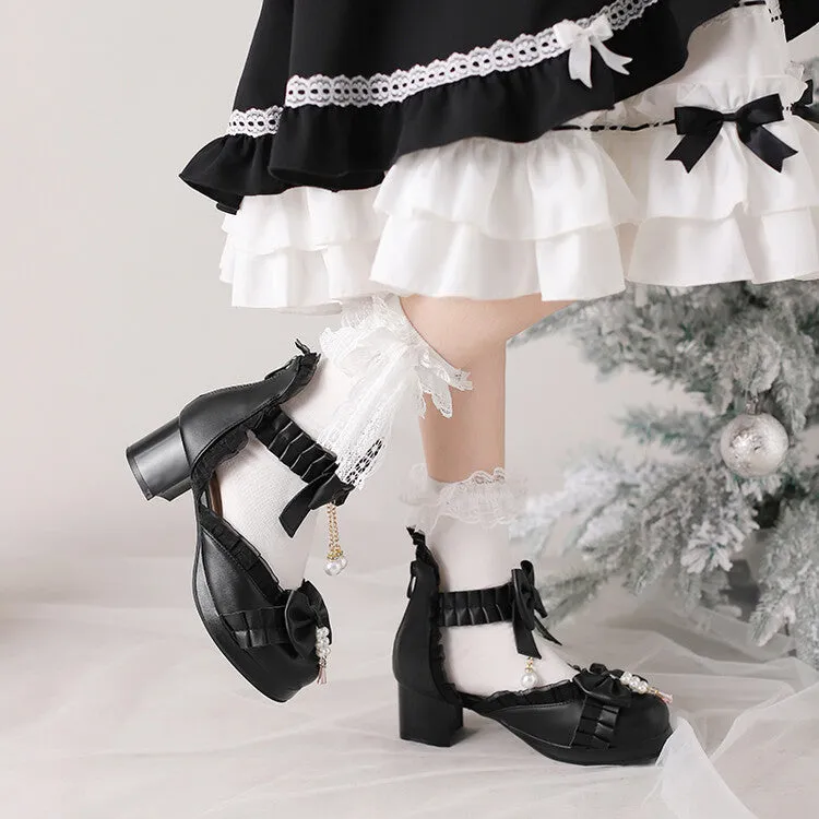 Women's Lolita  Pearls Lace Bow Tie Block Heel Sandals