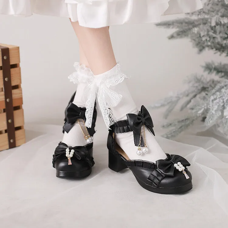 Women's Lolita  Pearls Lace Bow Tie Block Heel Sandals