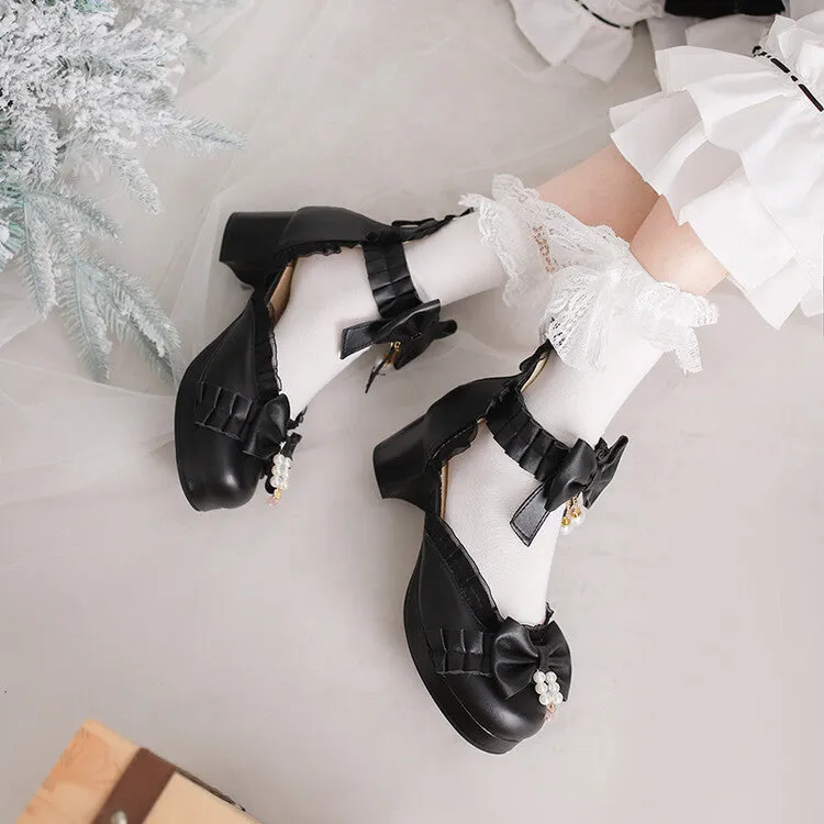 Women's Lolita  Pearls Lace Bow Tie Block Heel Sandals
