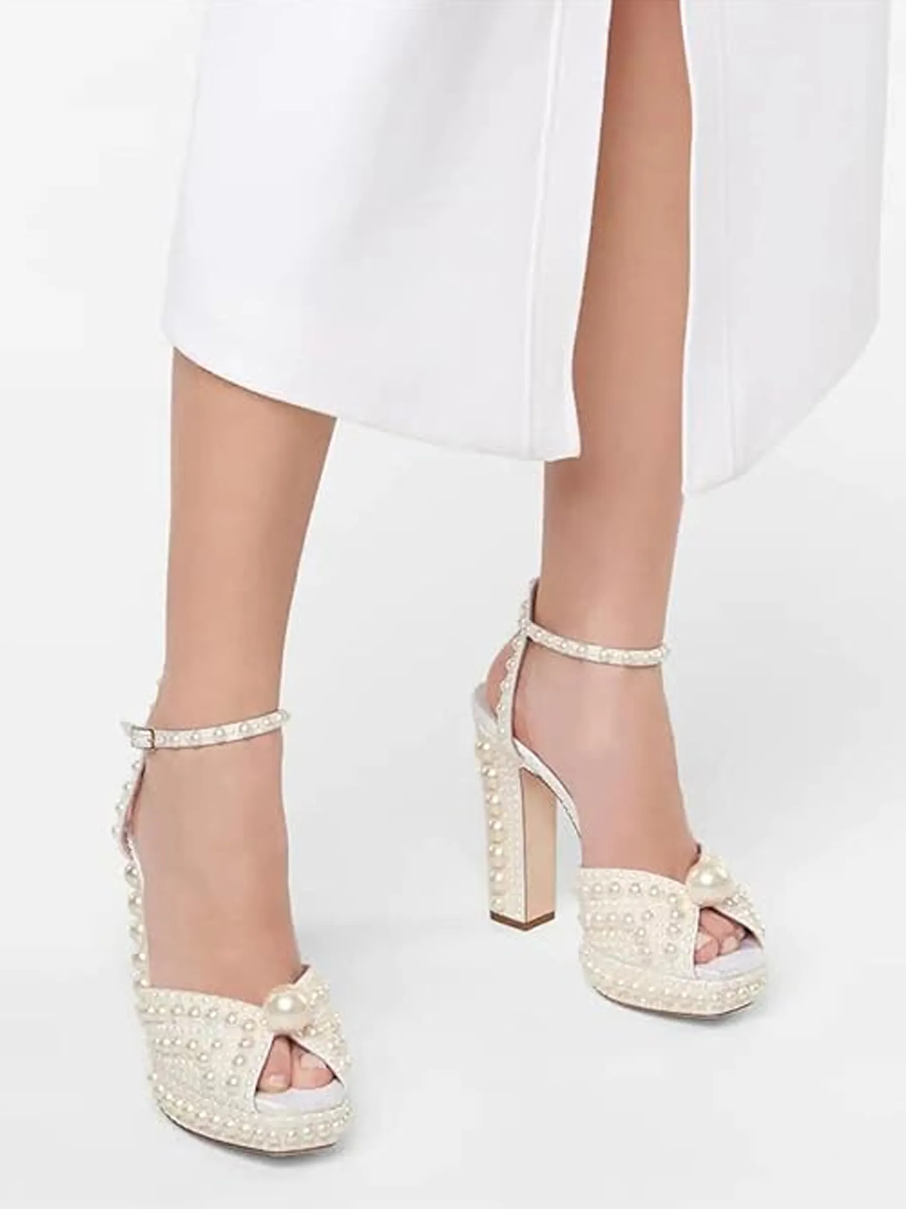 Womens Open Toe Pearl Platform Heels for Women Chunky Buckle Ankle Strap Wedding Heeled Sandals Dress Evening Bride Bridal Shoes