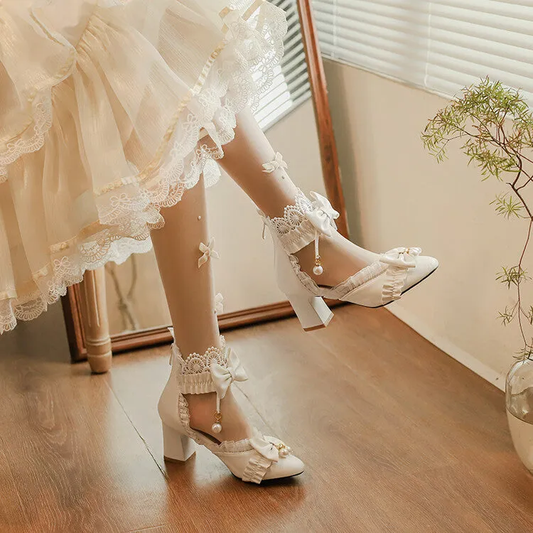 Women's Pearls Lace Bow Tie Block Heel Sandals