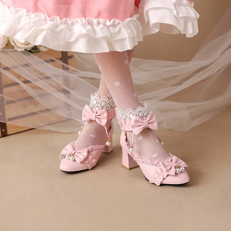 Women's Pearls Lace Bow Tie Block Heel Sandals