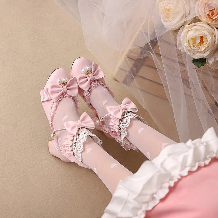 Women's Pearls Lace Bow Tie Block Heel Sandals