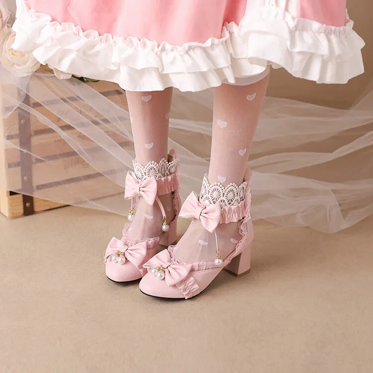 Women's Pearls Lace Bow Tie Block Heel Sandals