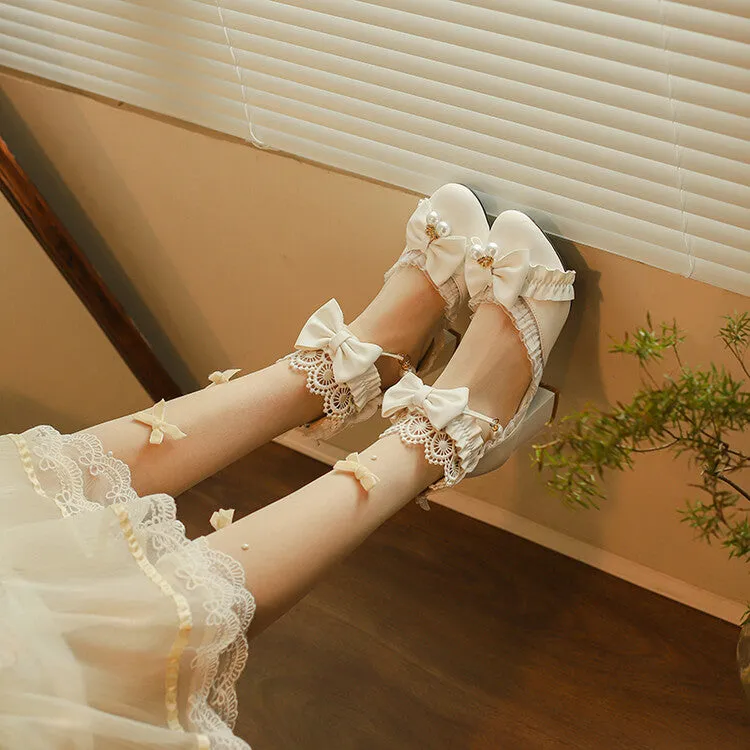 Women's Pearls Lace Bow Tie Block Heel Sandals