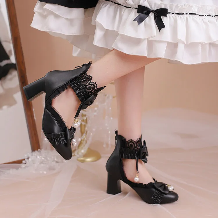 Women's Pearls Lace Bow Tie Block Heel Sandals