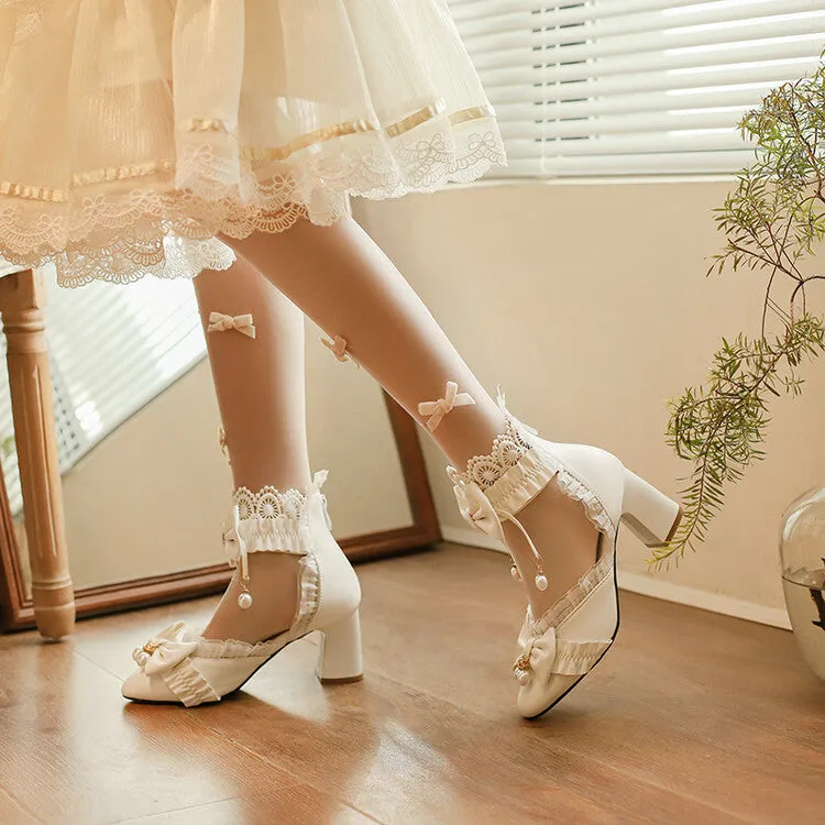 Women's Pearls Lace Bow Tie Block Heel Sandals