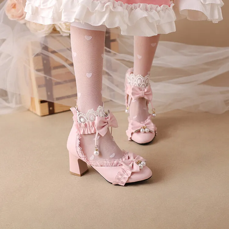 Women's Pearls Lace Bow Tie Block Heel Sandals