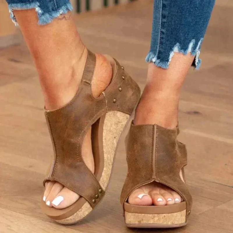 Women’s Platform Sandals – Cork Wedge – Open Toe – Ankle Strap – Stud Detail