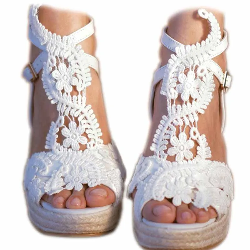 Women's Platform Sandals Wedge Open Toe Ankle Strap lace Wedding Bridesmaid Shoes