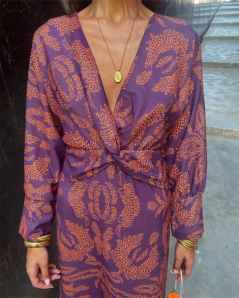 Women’s Printed Maxi Dress – Deep V-Neck – Front Knot Detail – Long Sleeves – Bohemian Summer Elegance