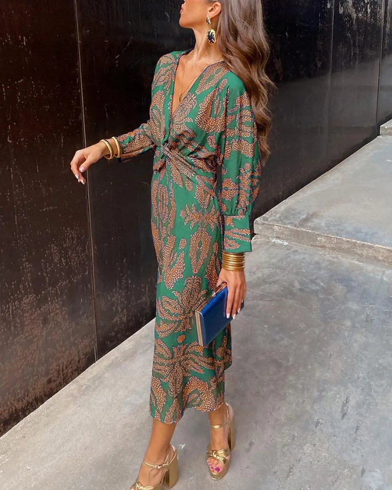 Women’s Printed Maxi Dress – Deep V-Neck – Front Knot Detail – Long Sleeves – Bohemian Summer Elegance