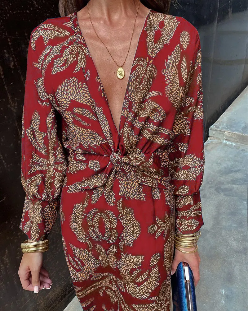 Women’s Printed Maxi Dress – Deep V-Neck – Front Knot Detail – Long Sleeves – Bohemian Summer Elegance