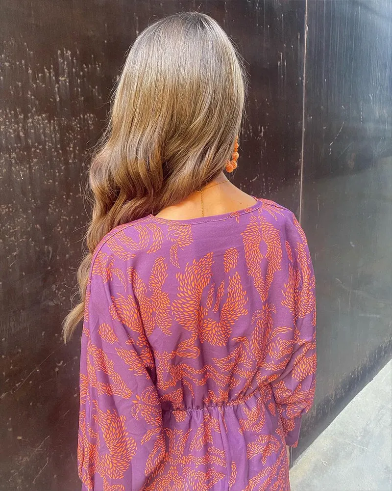 Women’s Printed Maxi Dress – Deep V-Neck – Front Knot Detail – Long Sleeves – Bohemian Summer Elegance