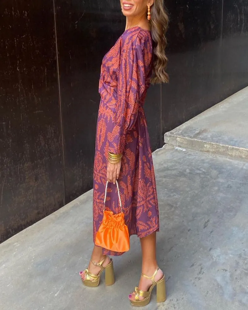 Women’s Printed Maxi Dress – Deep V-Neck – Front Knot Detail – Long Sleeves – Bohemian Summer Elegance