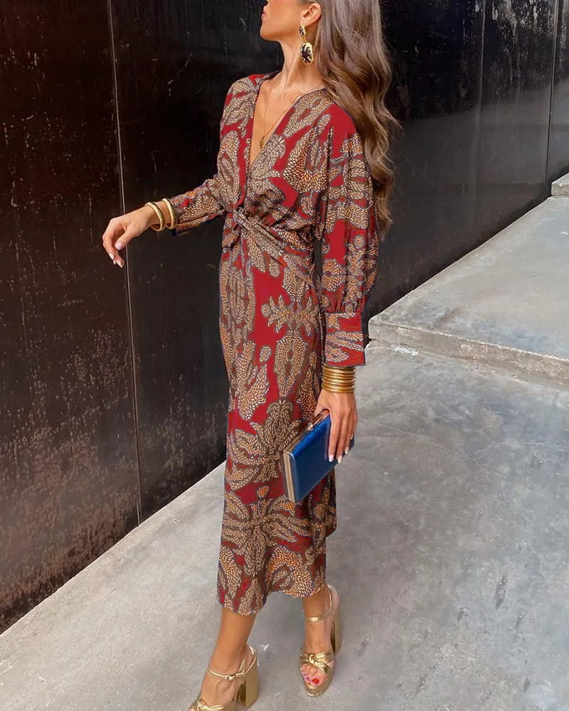 Women’s Printed Maxi Dress – Deep V-Neck – Front Knot Detail – Long Sleeves – Bohemian Summer Elegance