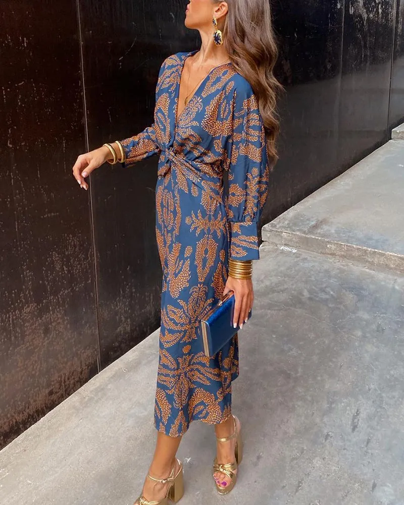 Women’s Printed Maxi Dress – Deep V-Neck – Front Knot Detail – Long Sleeves – Bohemian Summer Elegance
