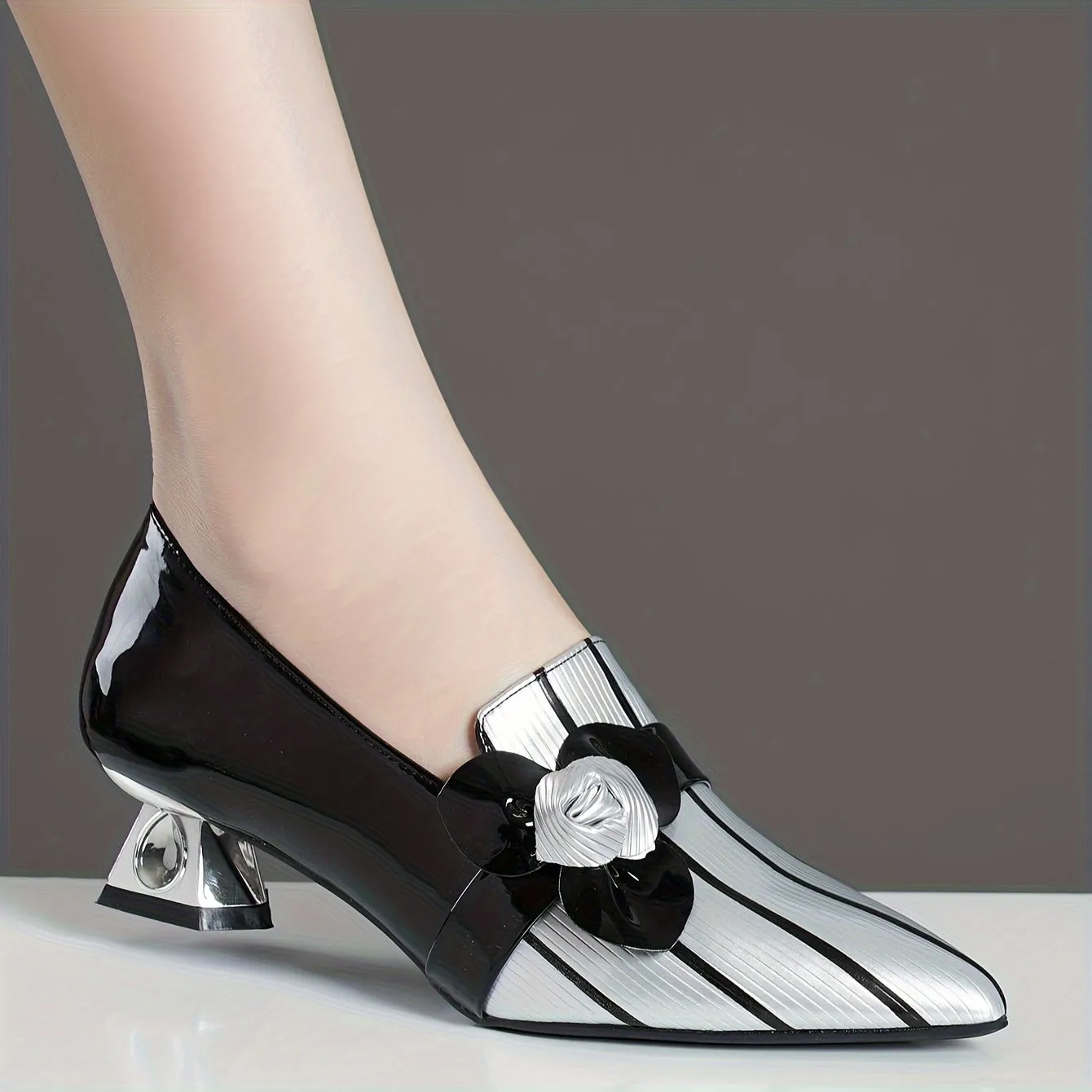 xieyinshe  Women's Flower Decor Chunky Heels, Elegant Point Toe Dress Pumps, Fashion Slip On Heels
