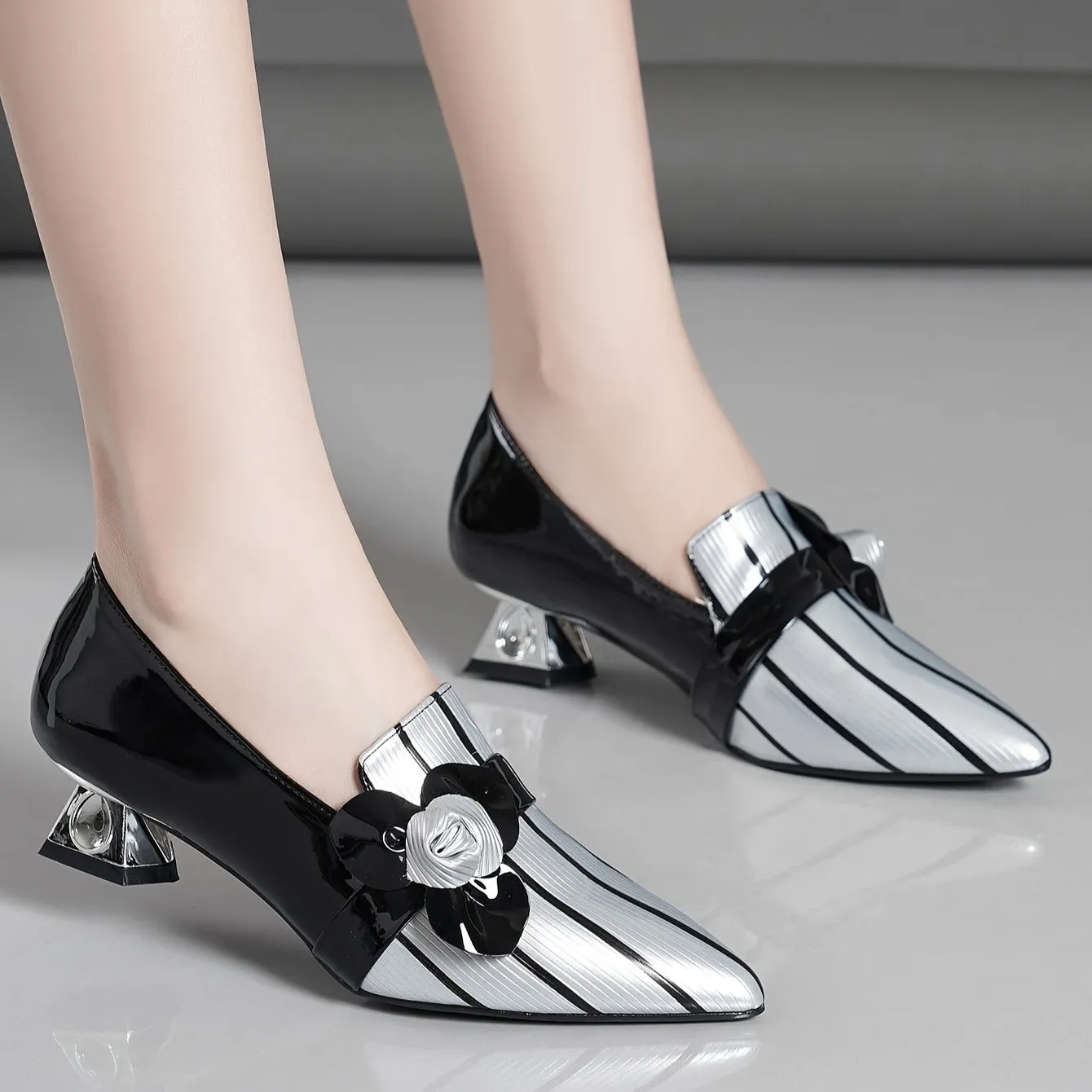 xieyinshe  Women's Flower Decor Chunky Heels, Elegant Point Toe Dress Pumps, Fashion Slip On Heels