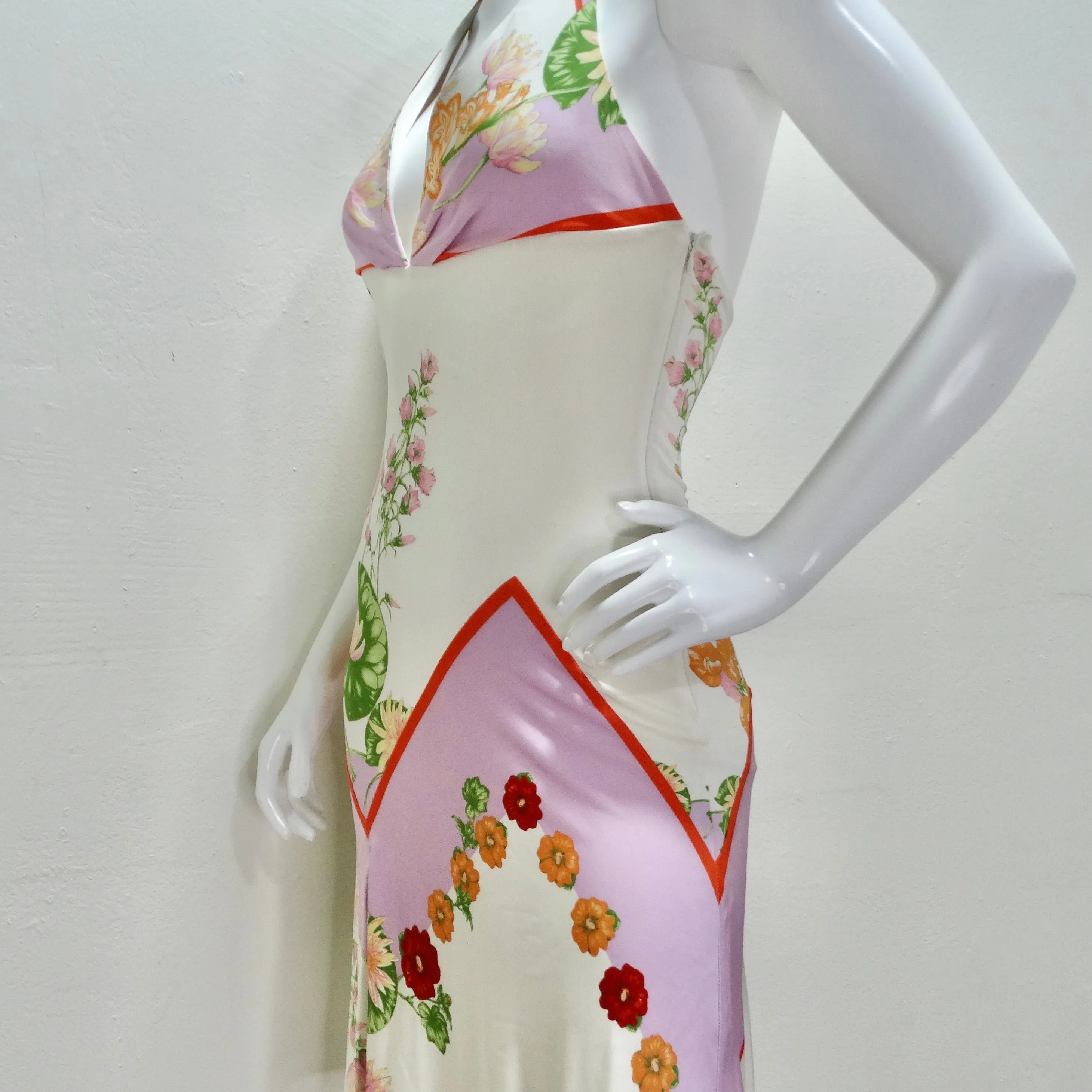 Y2K Versace Lotus Print Floral Halter Dress