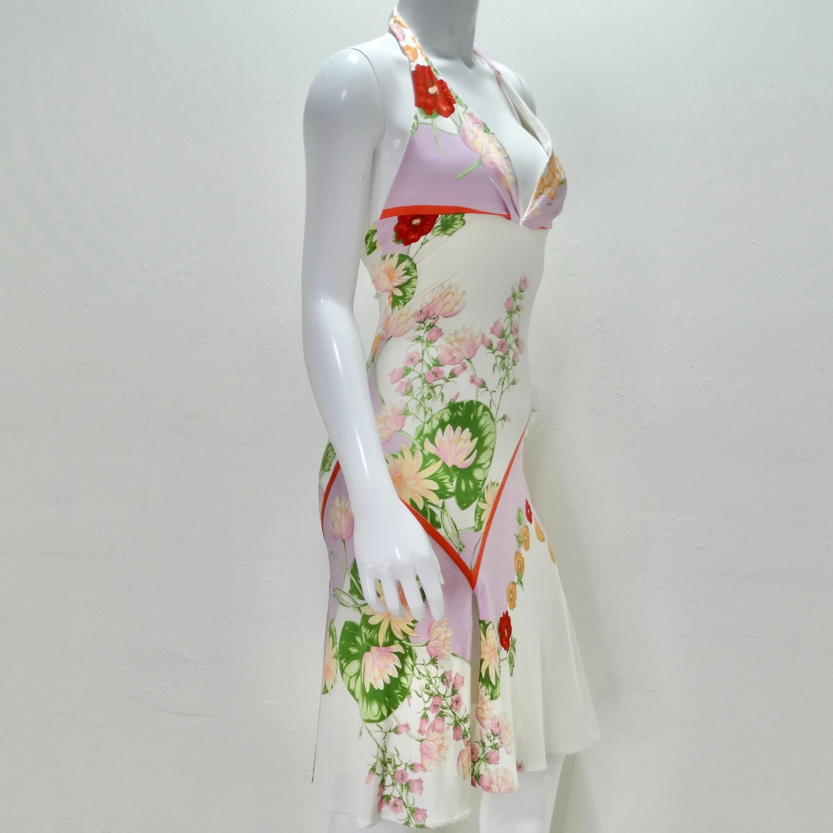 Y2K Versace Lotus Print Floral Halter Dress