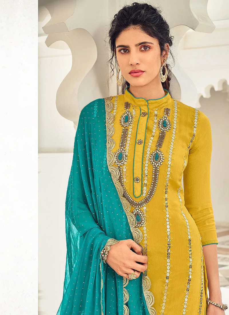 Yellow And Blue Embroidered Gharara Style Suit