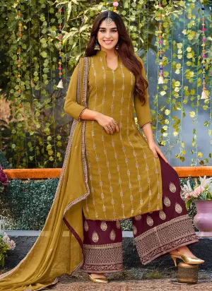 Yellow And Maroon Designer Embroidery Festive Palazzo Suit
