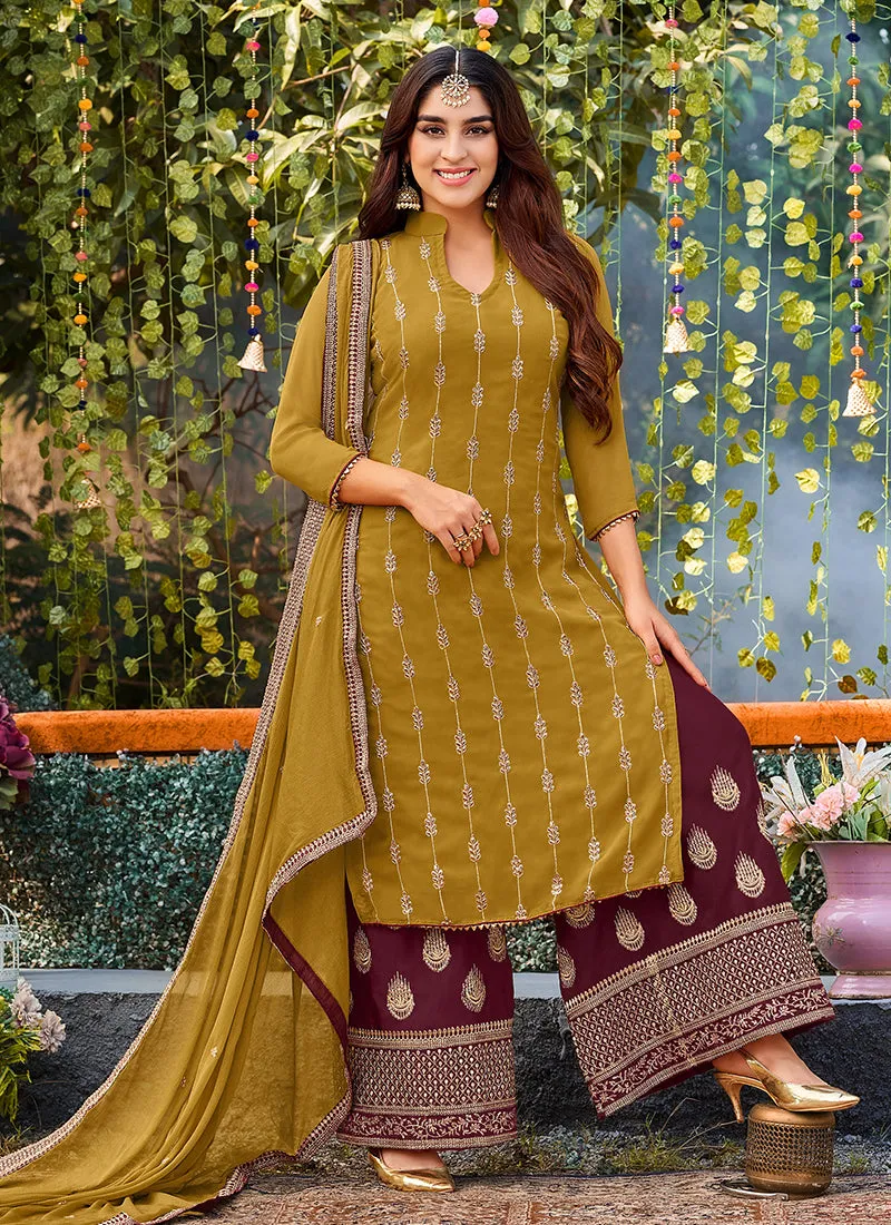 Yellow And Maroon Designer Embroidery Festive Palazzo Suit