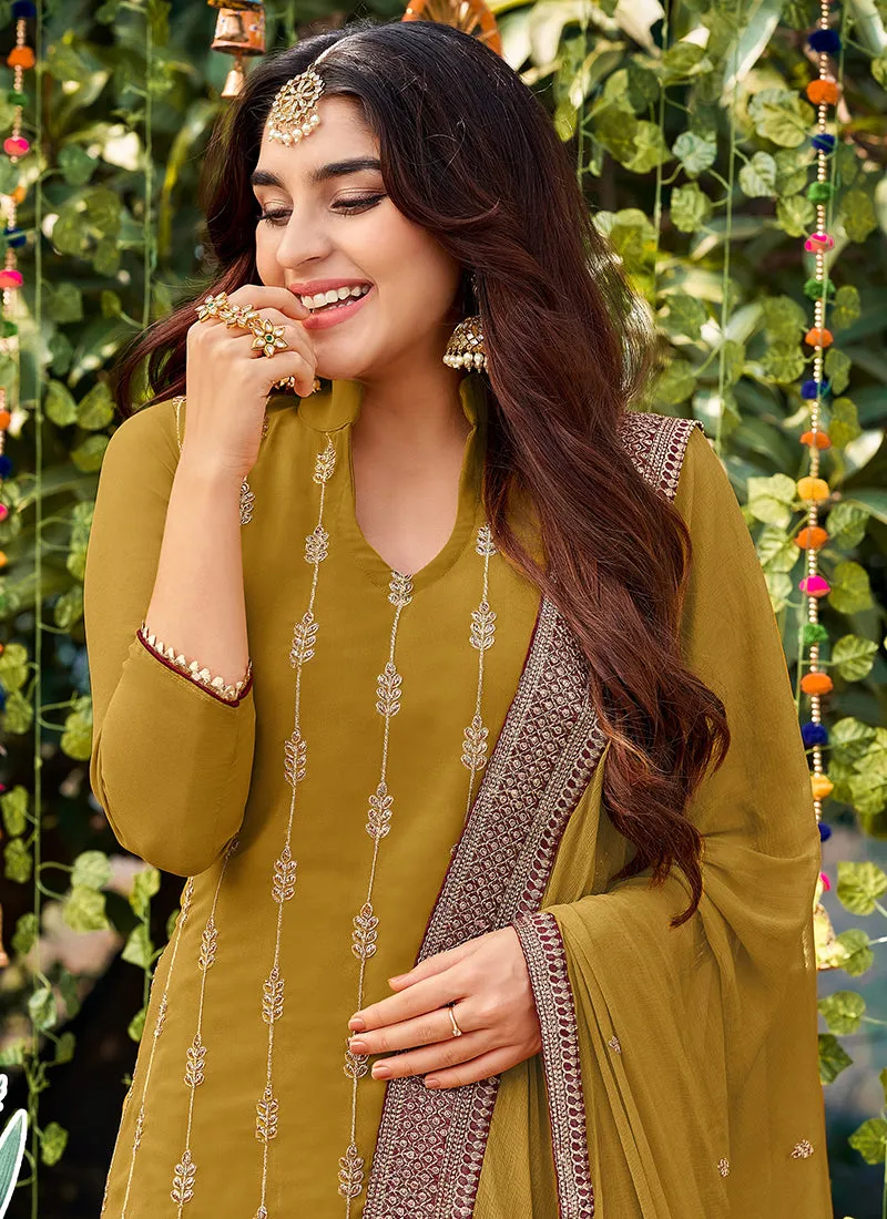 Yellow And Maroon Designer Embroidery Festive Palazzo Suit