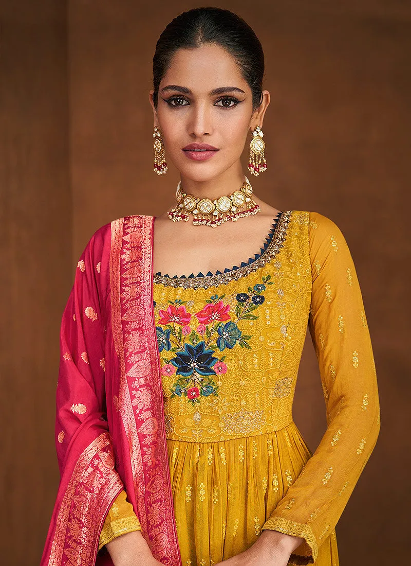 Yellow And Pink Embroidered Anarkali Style Palazzo Suit