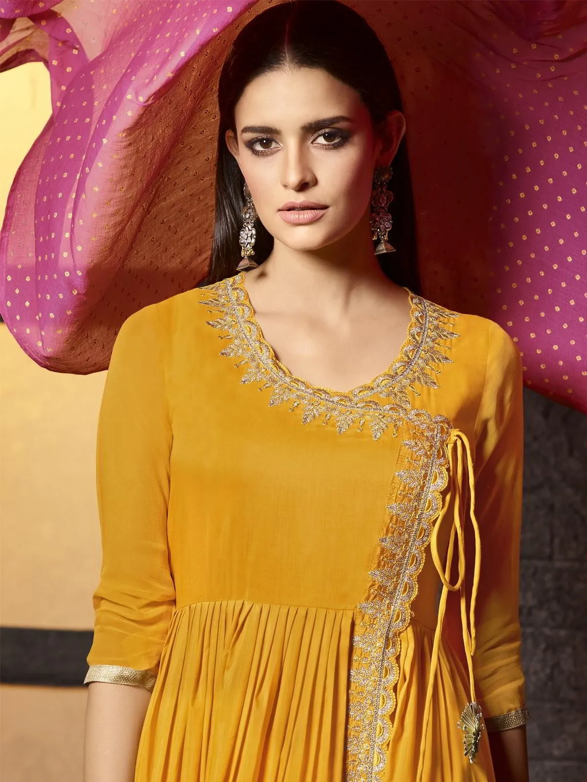 Yellow And Pink Zari Embroidered Pakistani Palazzo Suit
