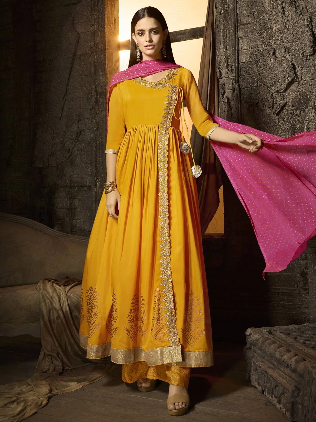 Yellow And Pink Zari Embroidered Pakistani Palazzo Suit