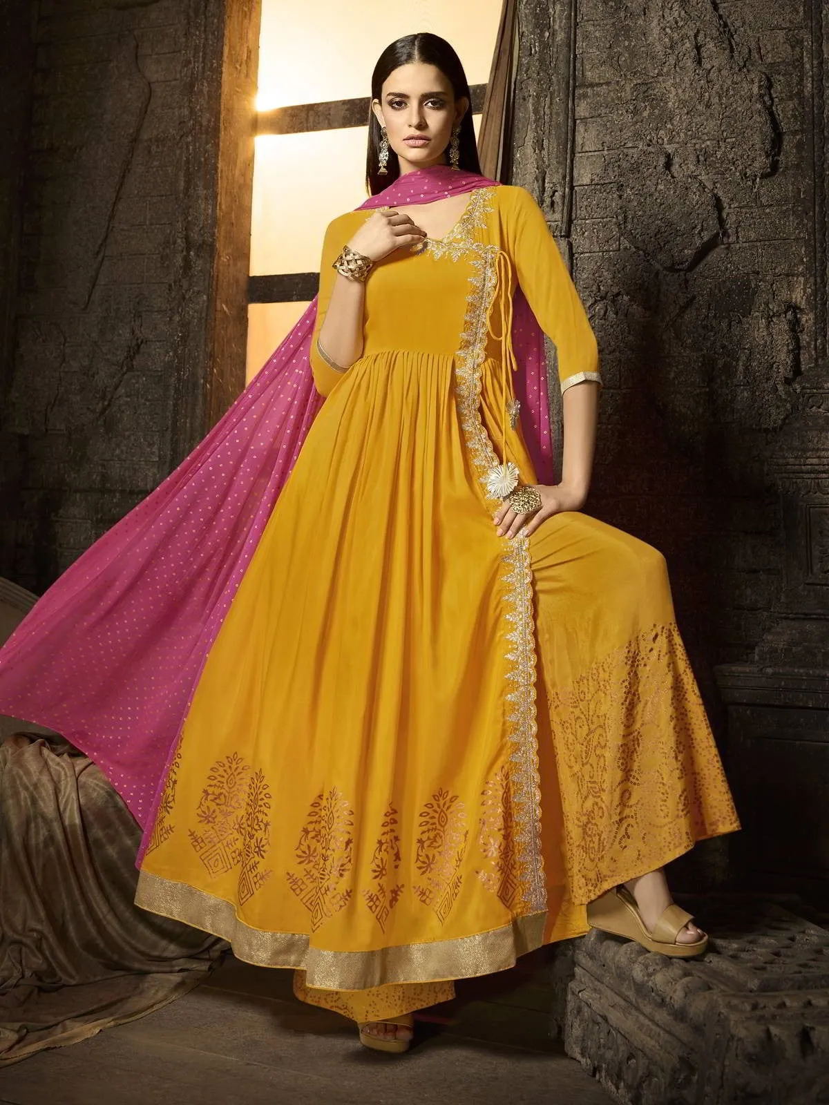 Yellow And Pink Zari Embroidered Pakistani Palazzo Suit