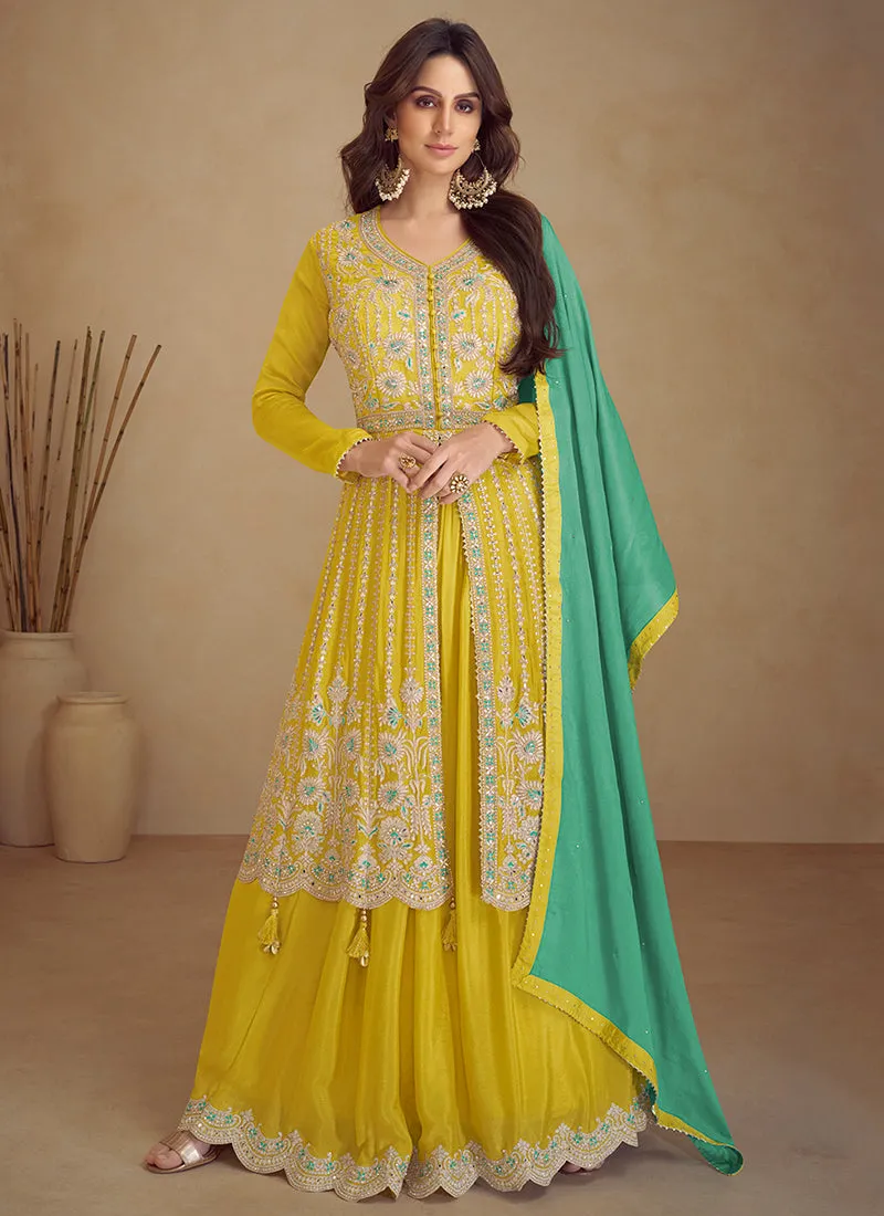 Yellow And Turquoise Traditional Embroidered Wedding Anarkali Palazzo Suit