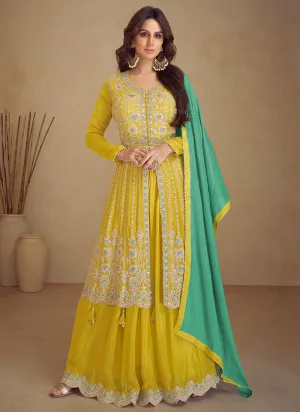 Yellow And Turquoise Traditional Embroidered Wedding Anarkali Palazzo Suit