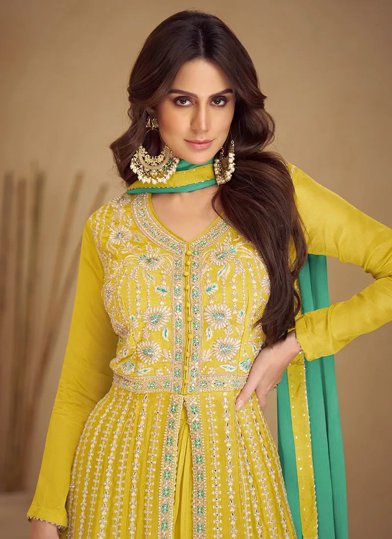 Yellow And Turquoise Traditional Embroidered Wedding Anarkali Palazzo Suit
