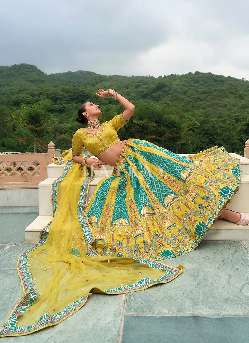Yellow And Turquoise Traditional Embroidery Bridal Lehenga Choli