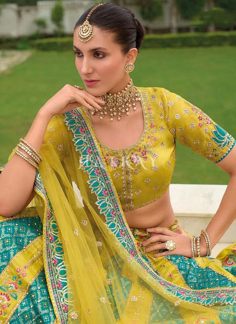 Yellow And Turquoise Traditional Embroidery Bridal Lehenga Choli