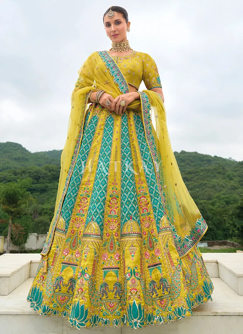 Yellow And Turquoise Traditional Embroidery Bridal Lehenga Choli
