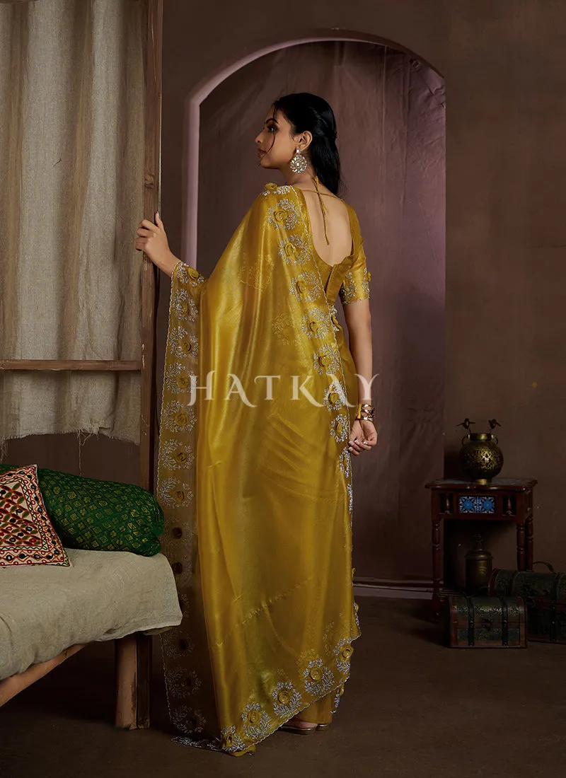 Yellow Handwork Silk Wedding Saree