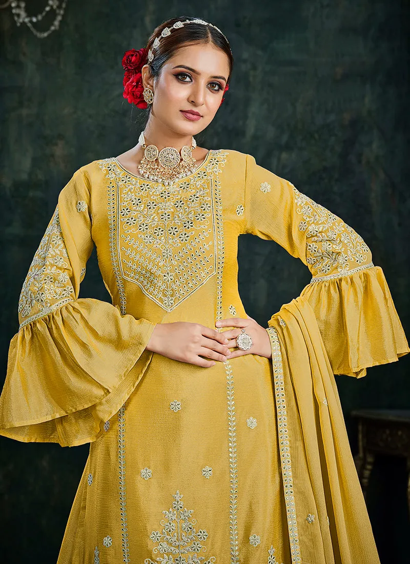 Yellow  Sequence And Thread Embroidery Lehenga Kurti