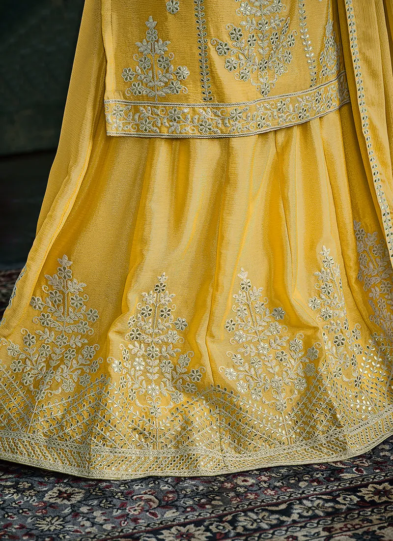 Yellow  Sequence And Thread Embroidery Lehenga Kurti