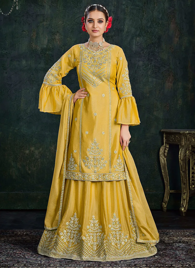 Yellow  Sequence And Thread Embroidery Lehenga Kurti